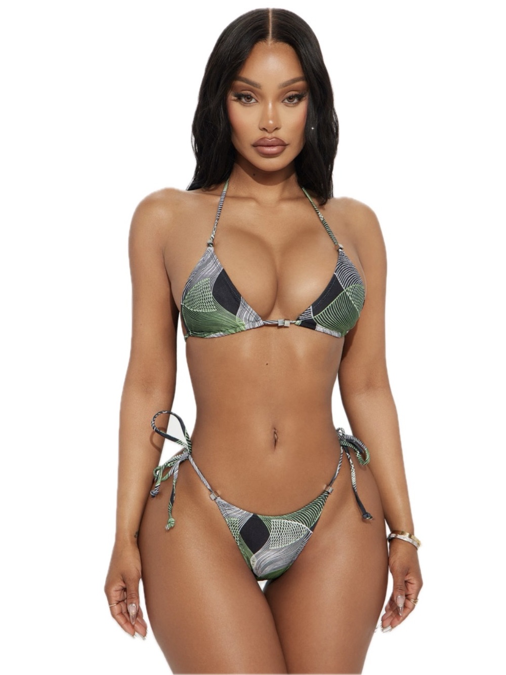 Fashion Nova Green Patterned Triangle Bikini Set